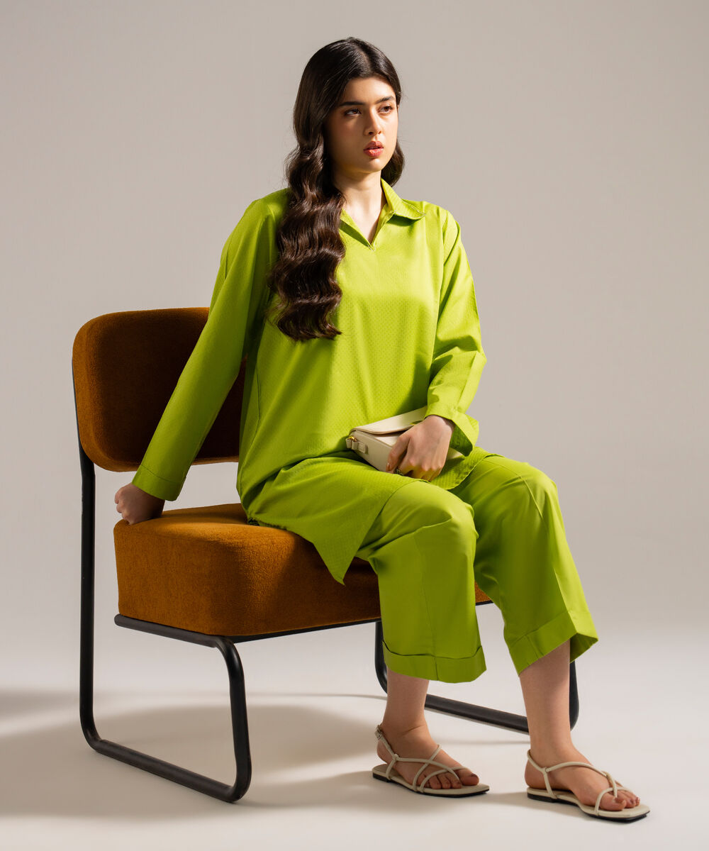 Women's RTW Dobby Solid Green Straight Shirt