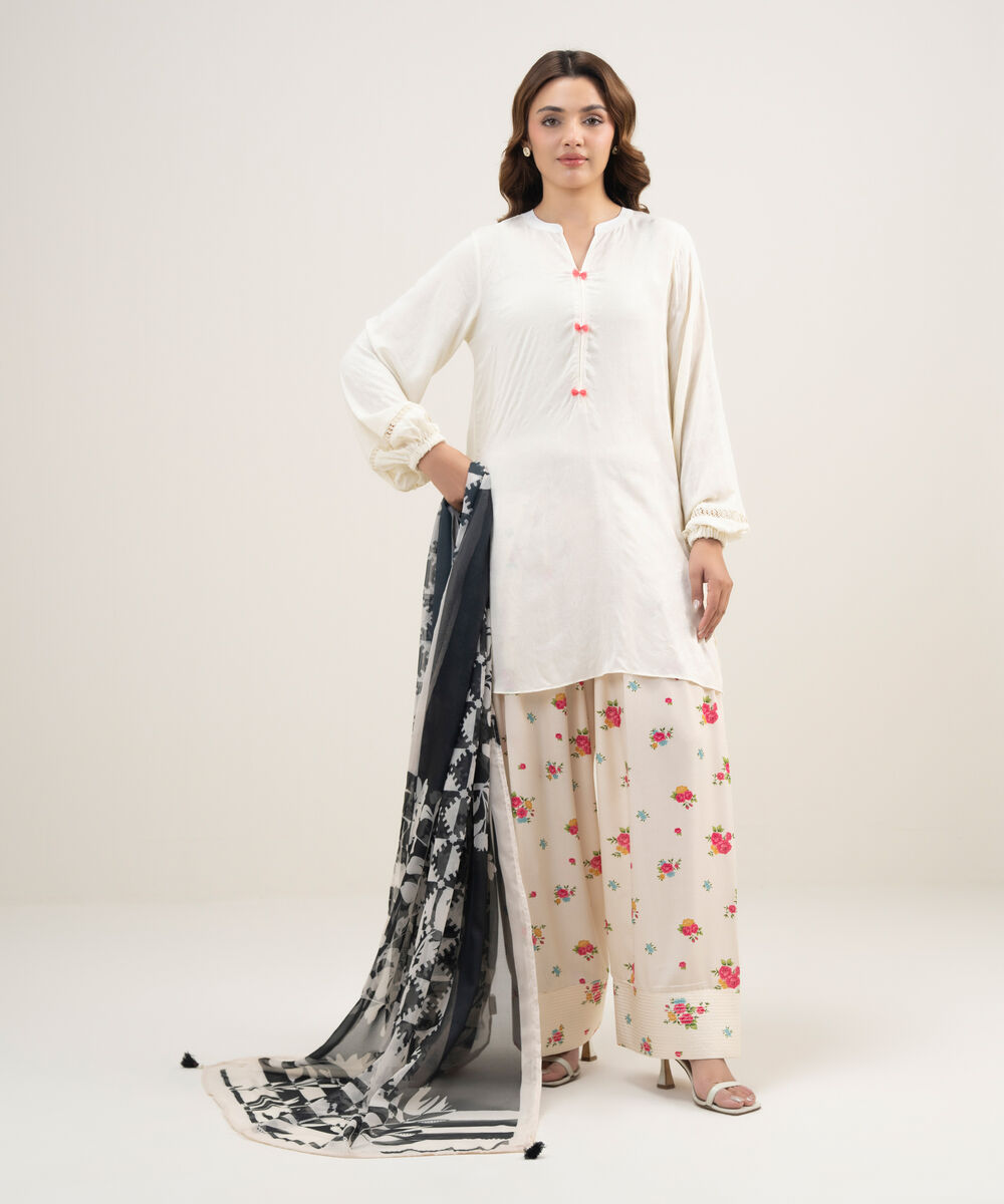 Women's RTW Arabic Self Jacquard Solid Cream White Straight Shirt