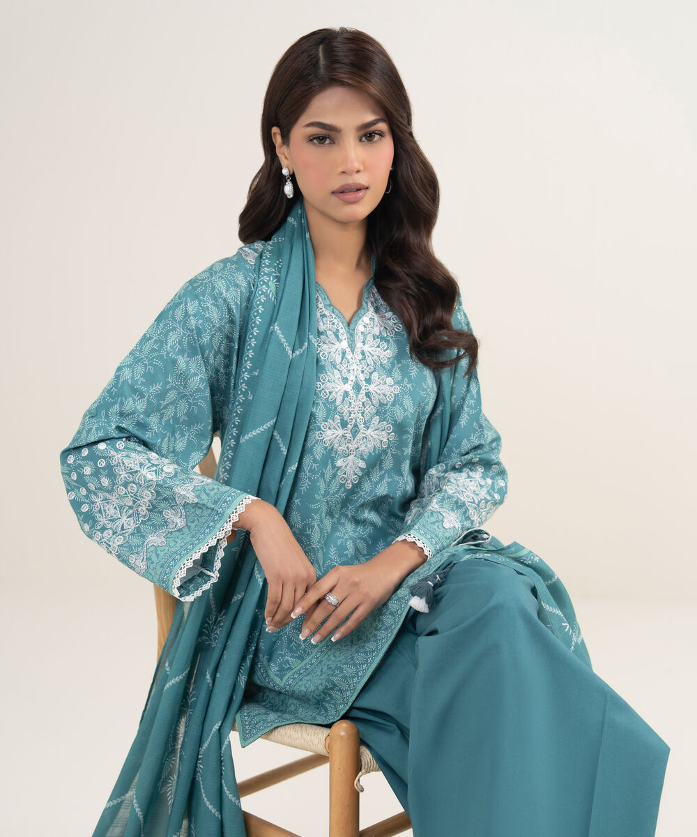 Women's Unstitched Lawn Embroidered Aqua 3 Piece Suit