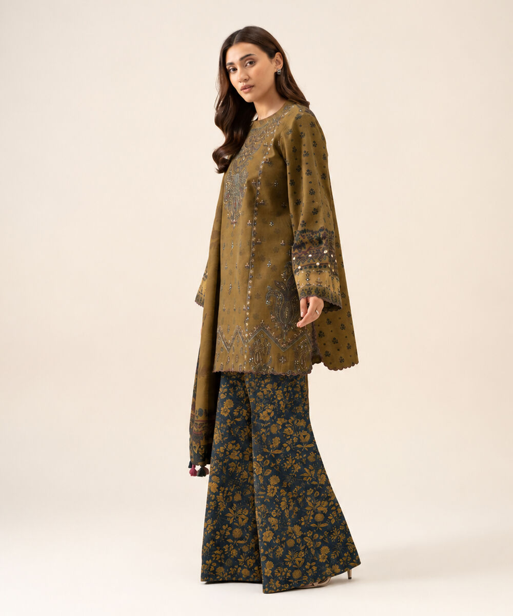 Women's Unstitched Light Khaddar Embroidered Dark Olive Green 3 Piece Suit