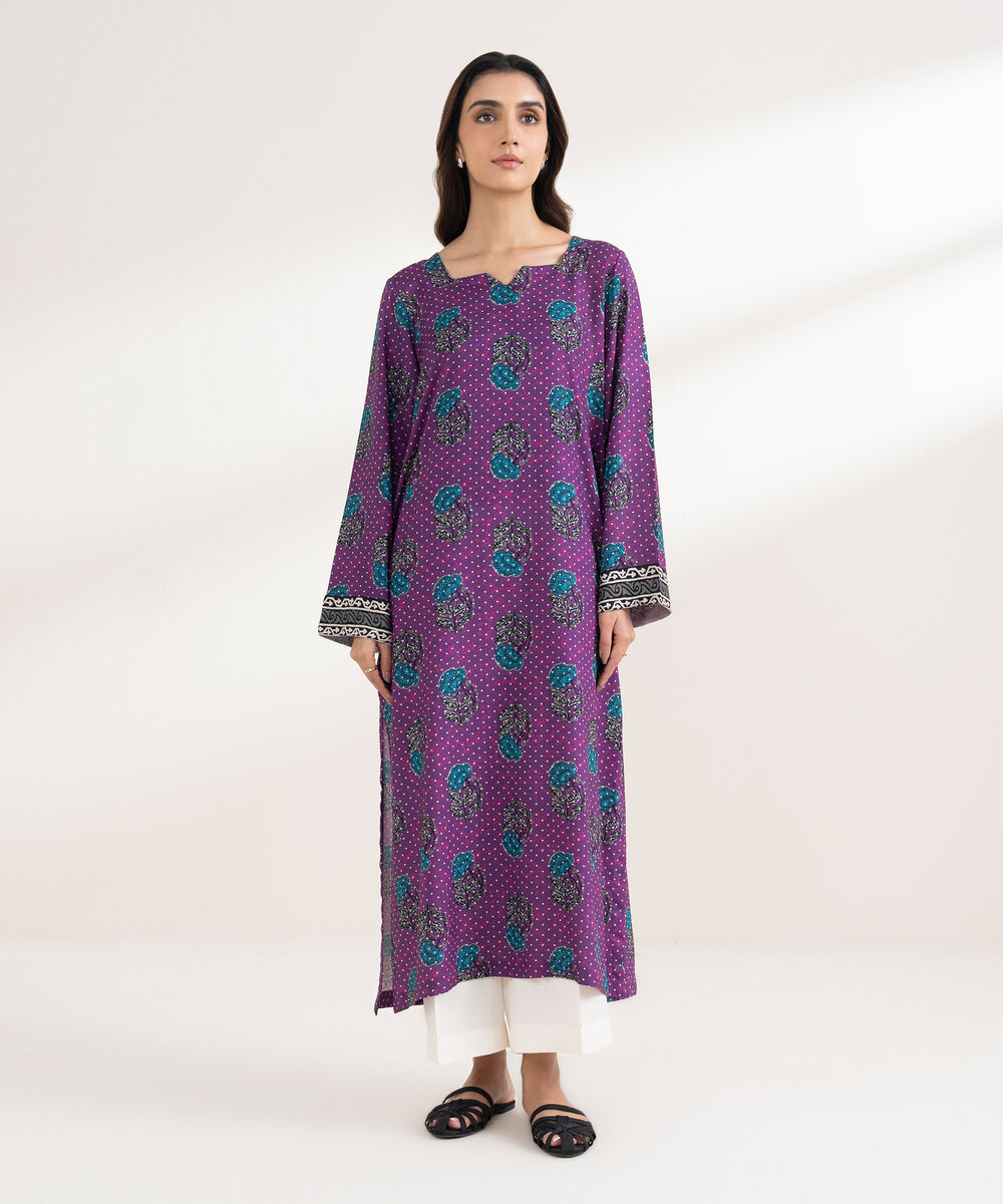 Women's RTW Viscose Linen Printed Straight Purple Shirt