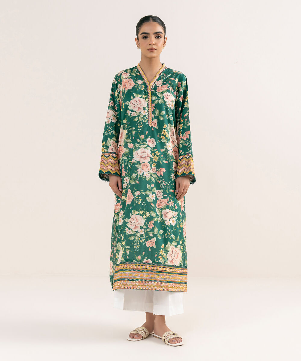 Women's RTW Textured Lawn Green Embroidered A-Line Shirt