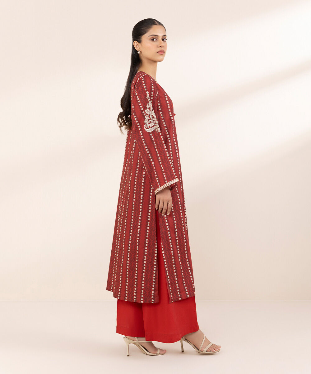 Women's RTW Lawn Red Embroidered A-Line Shirt