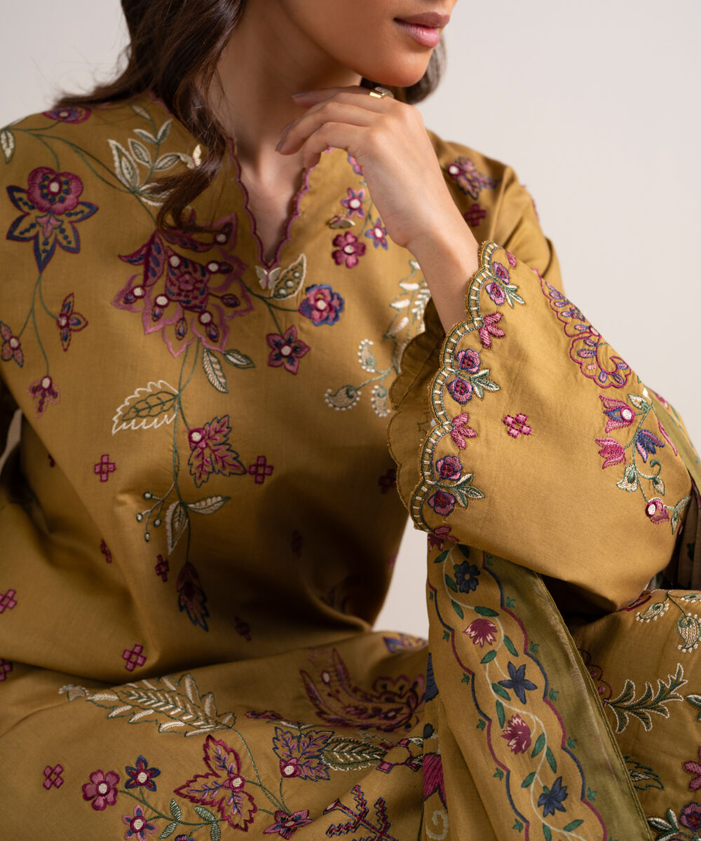 Women's Unstitched Embroidered Cotton Viscose Mustard 3 Piece Suit