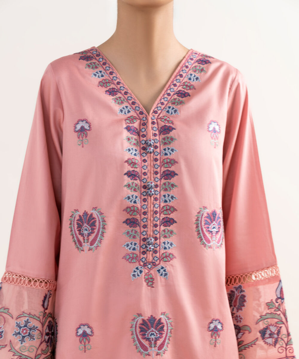 Women's RTW Cotton Satin Pink Embroidered A-Line Shirt