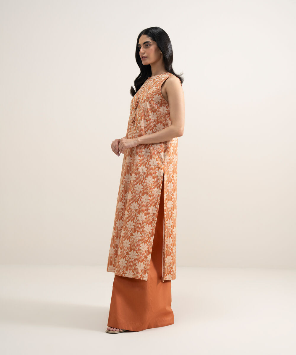 Women's Unstitched Lawn Embroidered Off White and Orange 2 Piece Suit