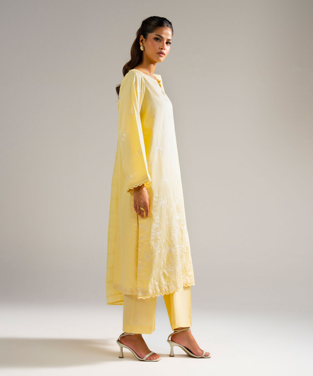Women's RTW Cotton Satin Embroidered Yellow 3 Piece Suit