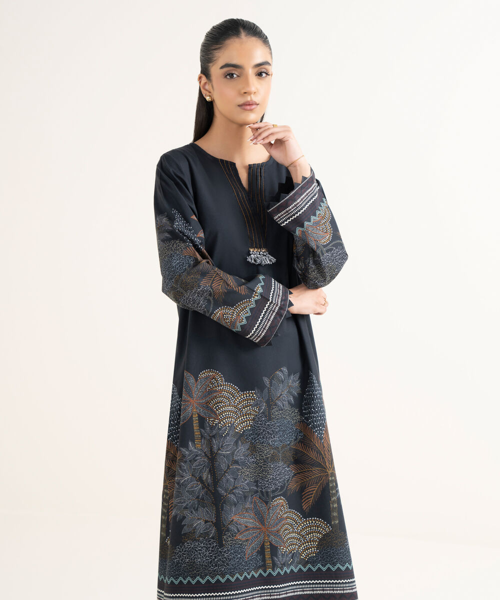 Women's RTW Cambric Printed Straight Black Shirt