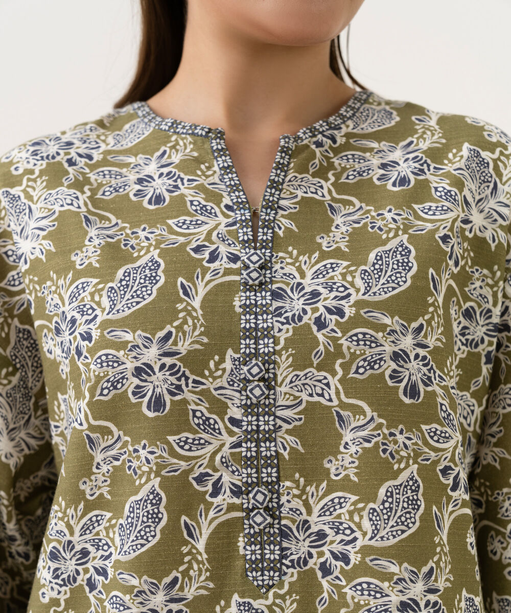 Women's Unstitched Cotton Printed Green 2 Piece Suit