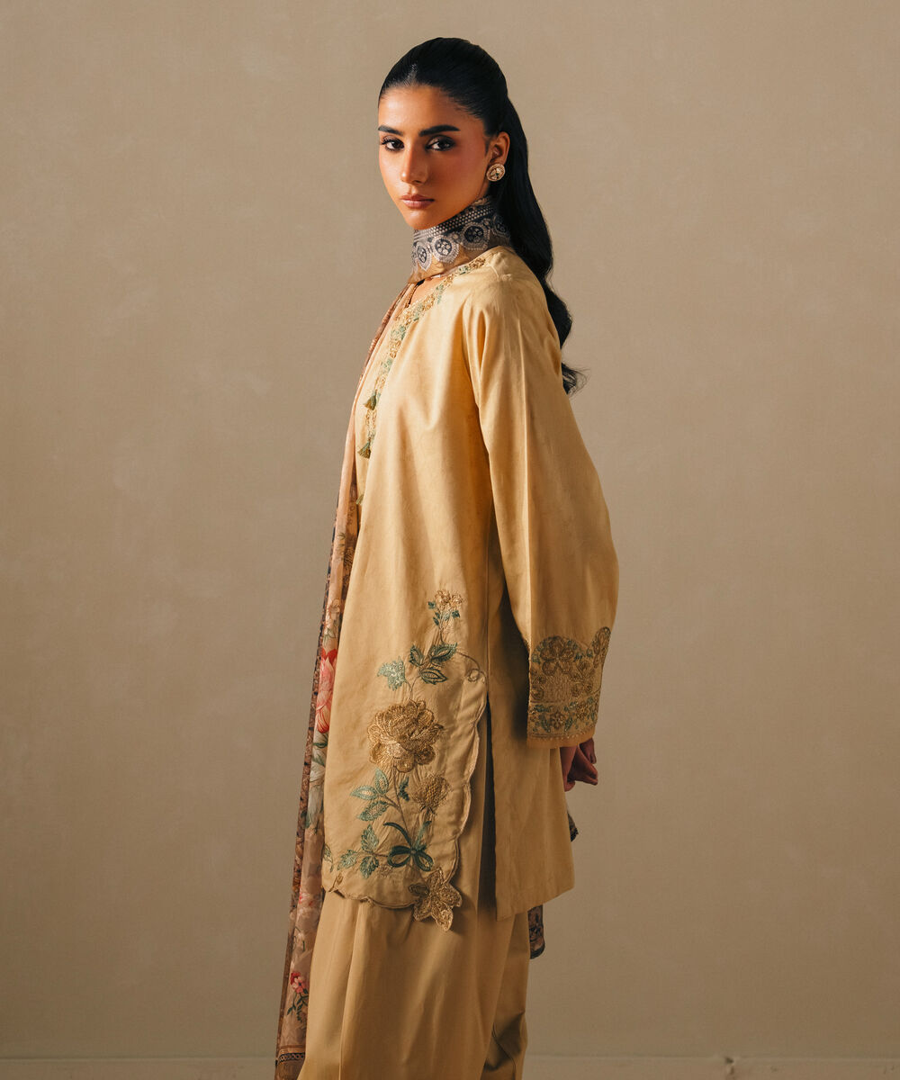 Women's RTW Self Jacquard Embroidered Beige Straight Shirt