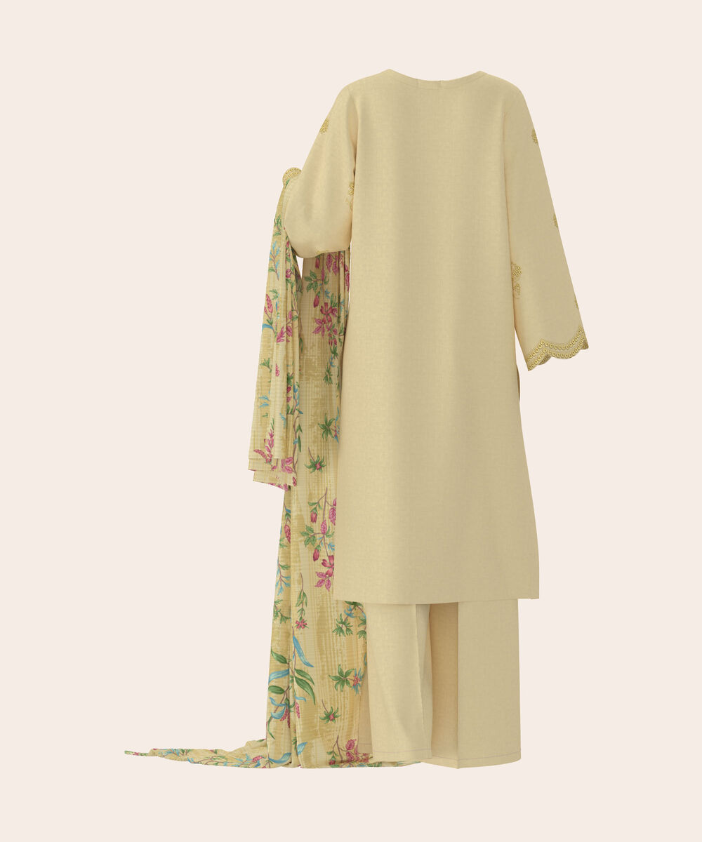Women's Unstitched Self Jacquard Dull Yellow  Embroidered 3 Piece Suit