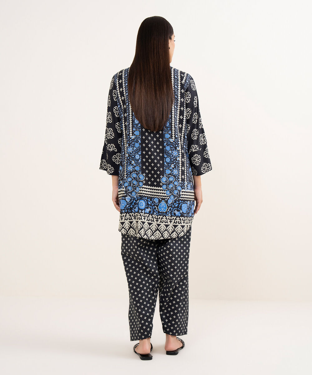 Women's RTW Arabic Lawn Black Printed Drop Shoulder Shirt