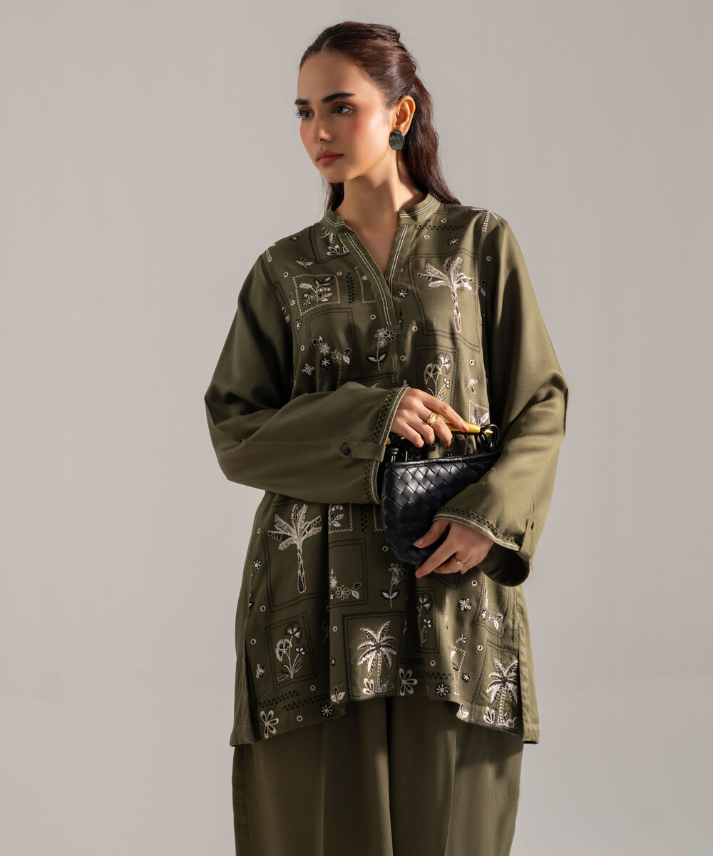 Women's RTW Solid Embroidered Olive Green Bedford Shirt
