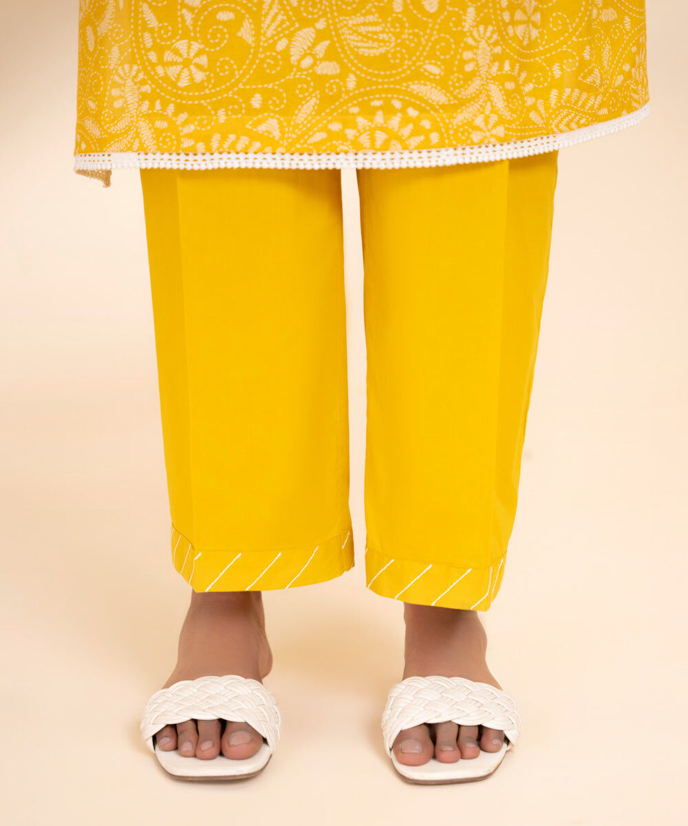 Women's Pret Cambric Yellow Solid Straight Pants