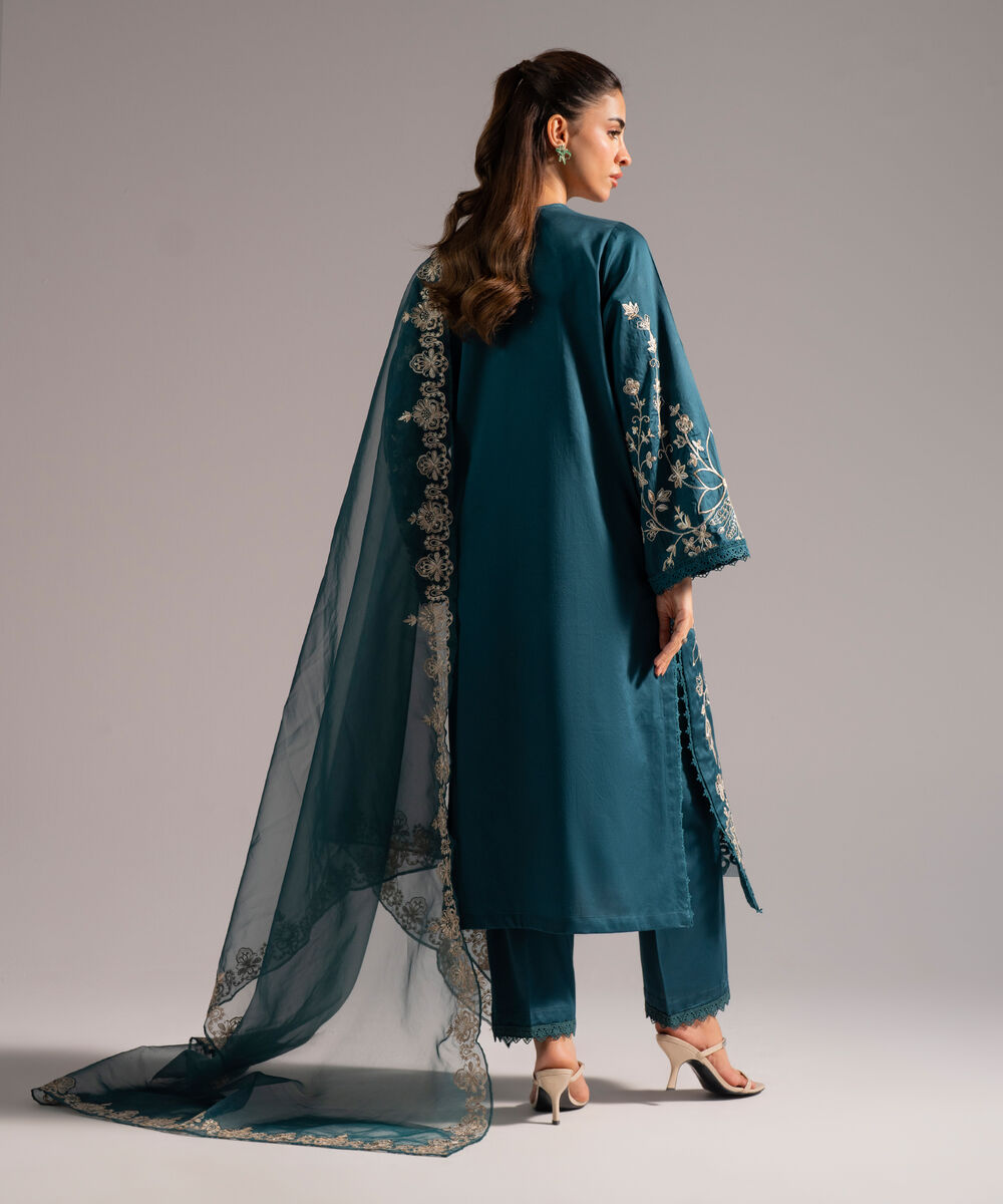 Women's RTW Cotton Satin Embroidered Dark Green 3 Piece Suit