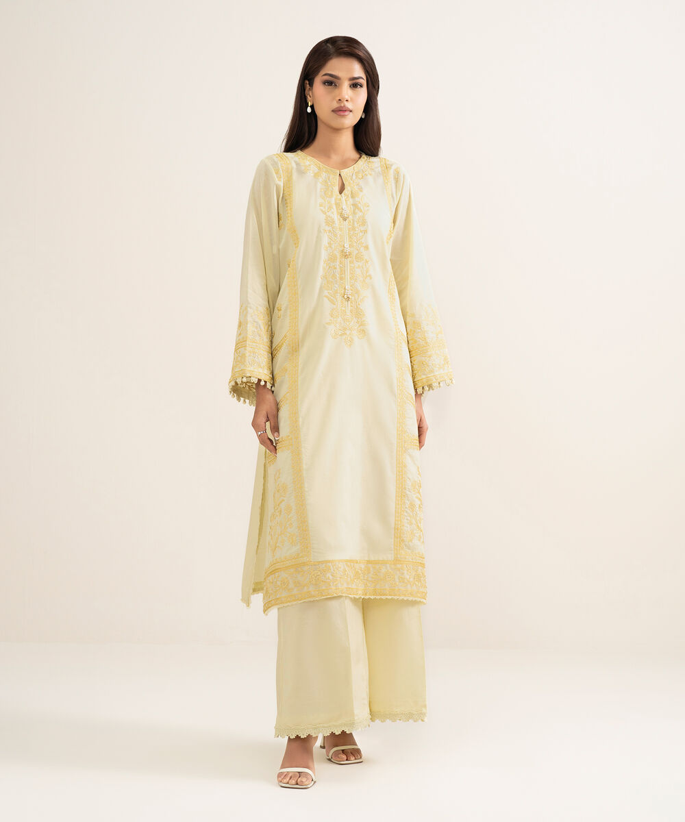Women's RTW Self Jacquard Embroidered Yellow A-Line Shirt