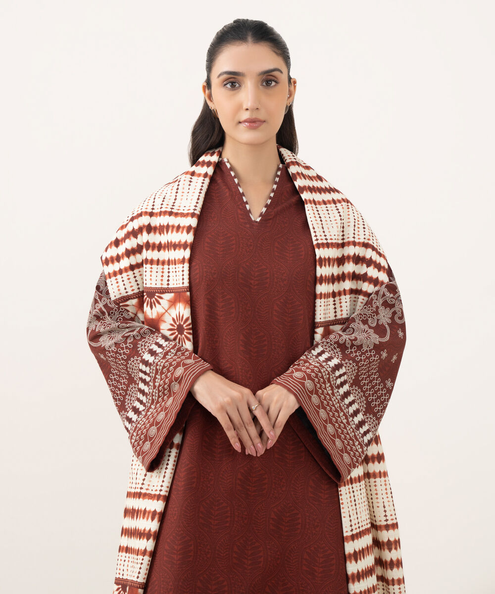 Women's Unstitched Light Khaddar Printed Red  3 Piece Suit