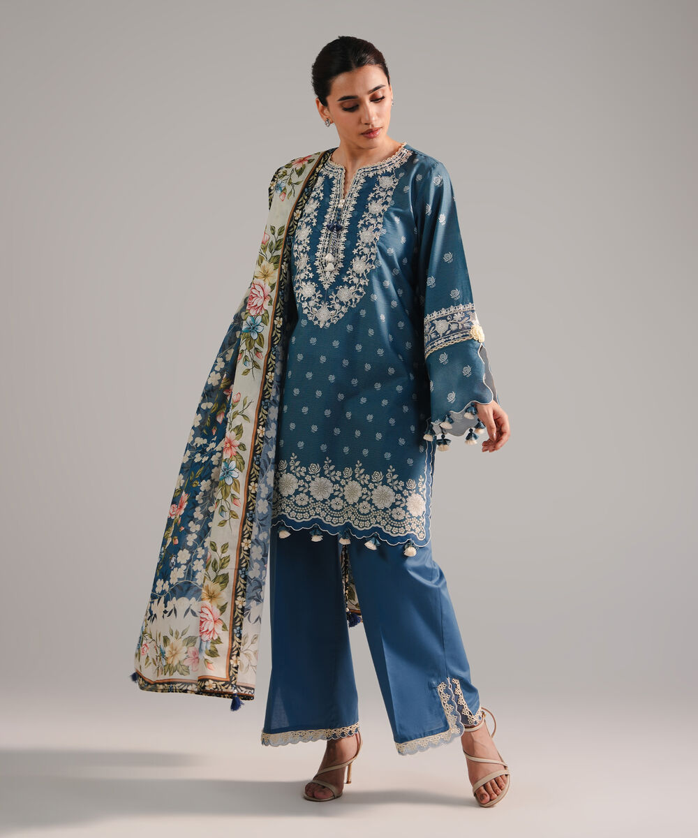 Women's RTW Zari Lawn Embroidered Blue 3 Piece Suit