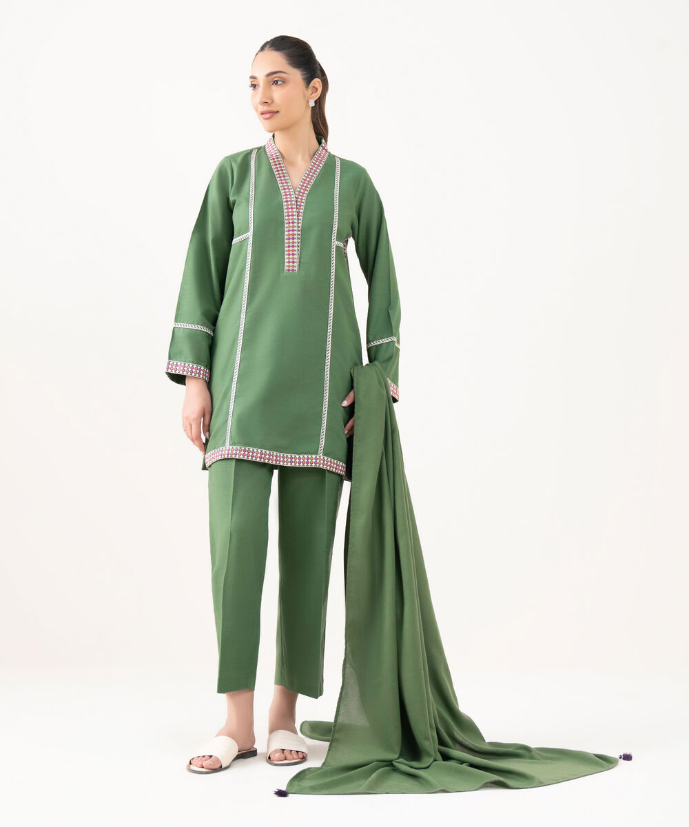 Women's RTW Cotton Embroidered Green Straight Shirt