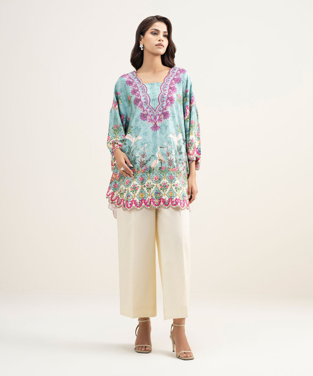 Women's RTW Premium Visocose Satin Printed Blue Drop Shoulder Shirt