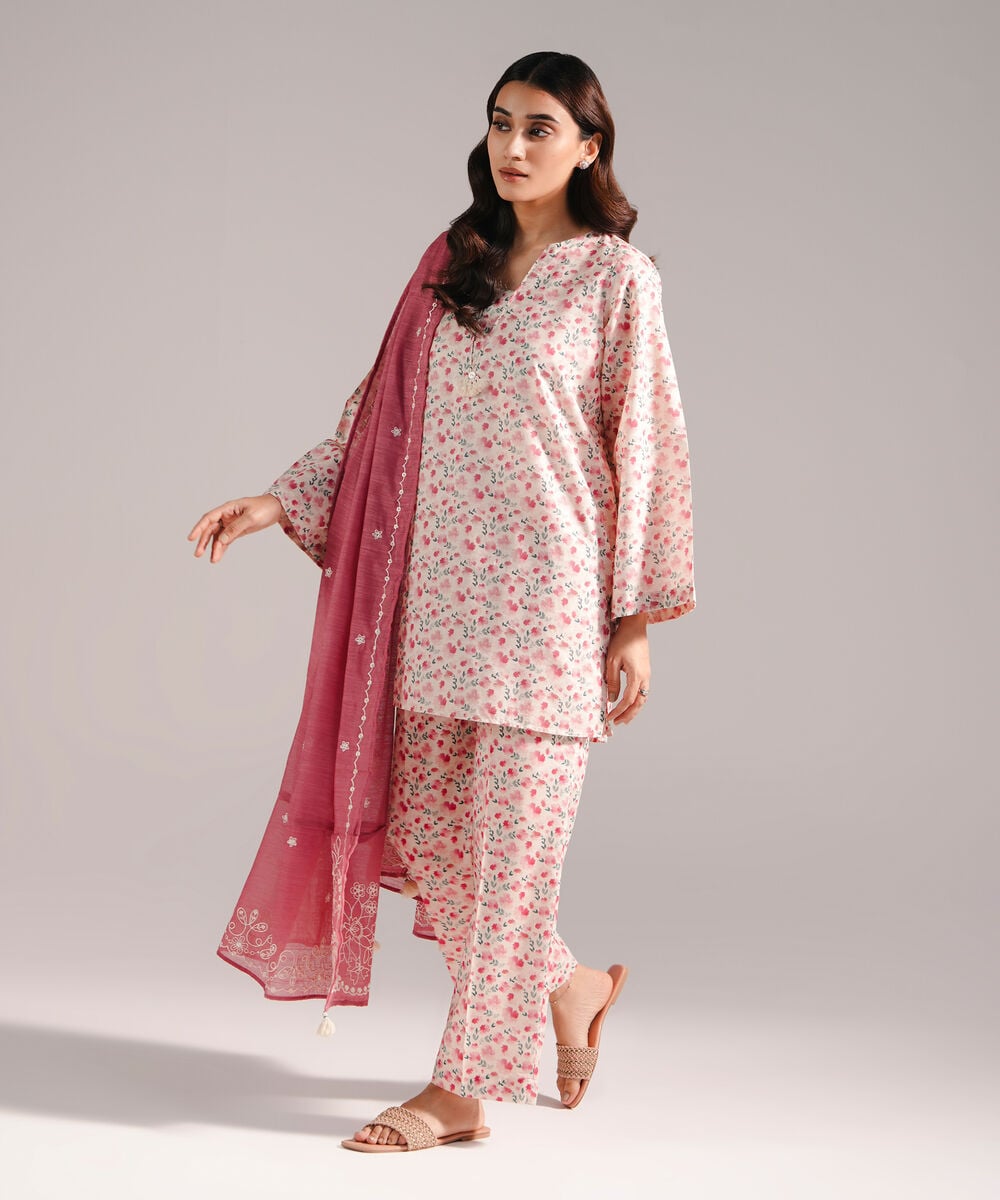 Women's RTW Zari Lawn Printed Off White 3 Piece Suit