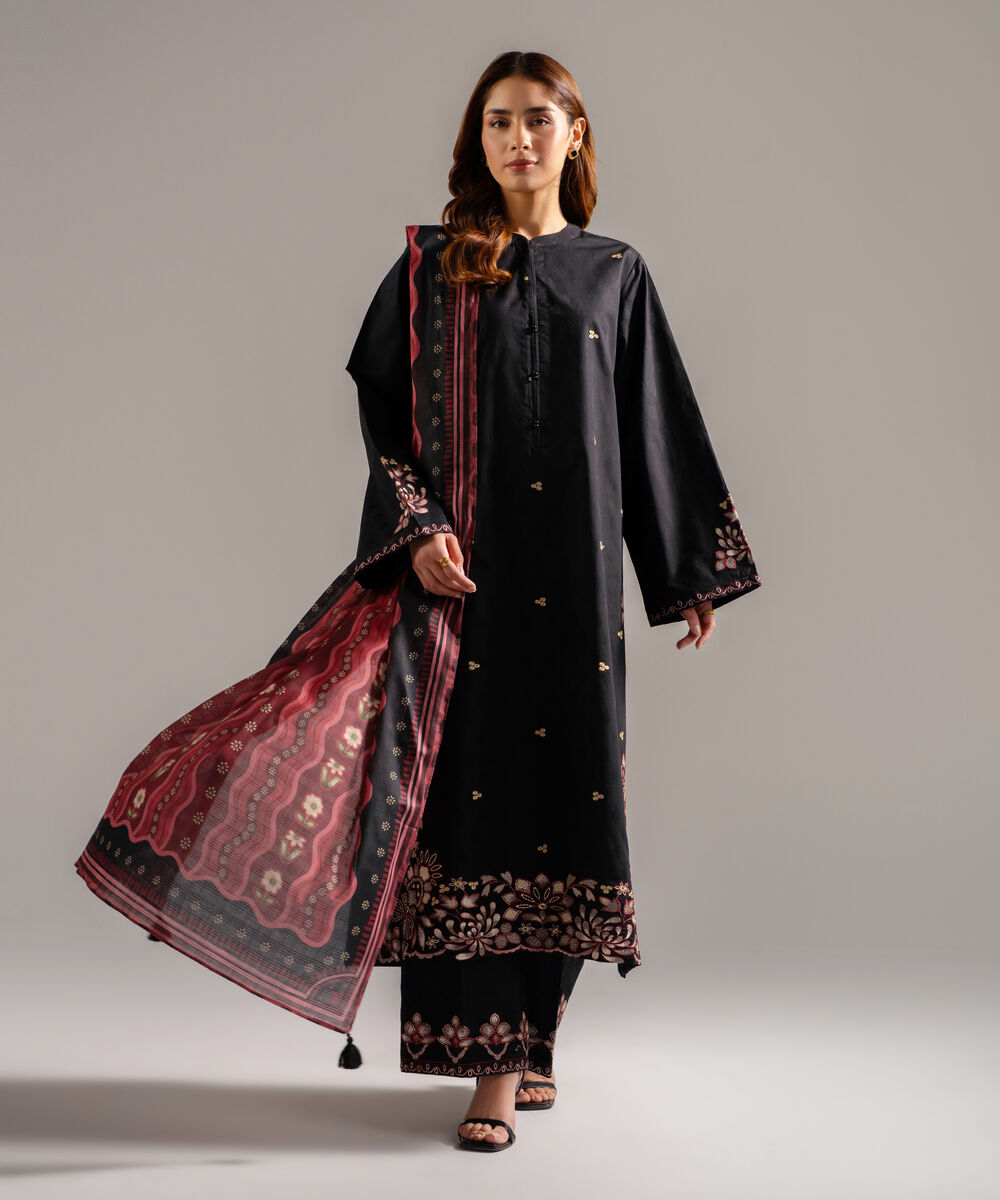 Women's RTW Self Jacquard Embroidered Black 3 Piece Suit
