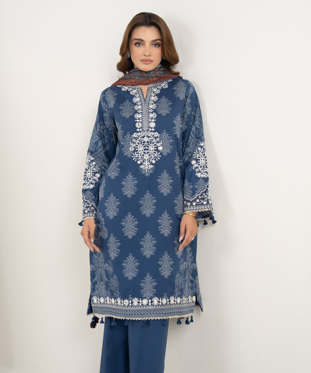 Women's Unstitched Lawn Embroidered Blue 3 Piece Suit