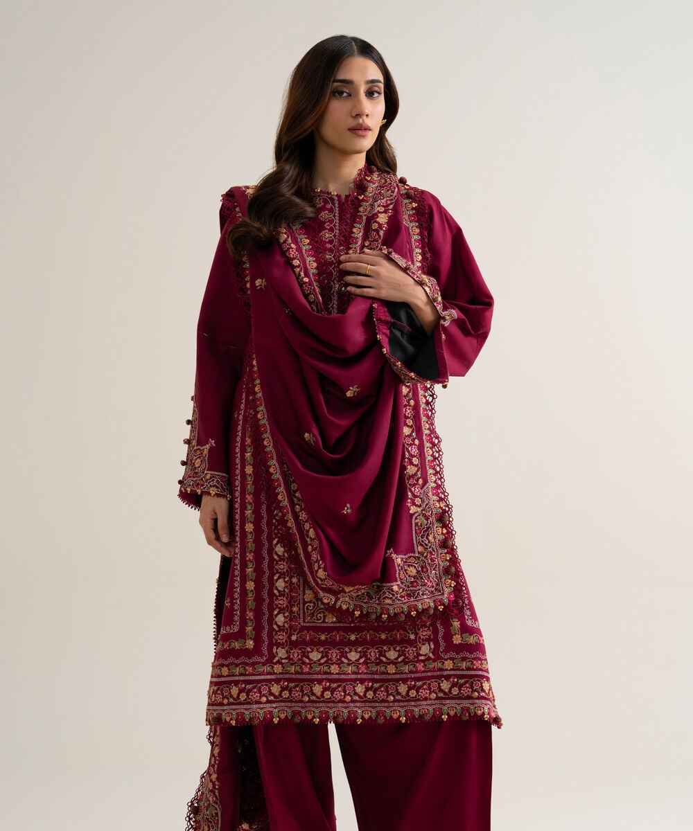 Womens Unstitched Cotton Twill Embroidered Pink 3 Piece Suit