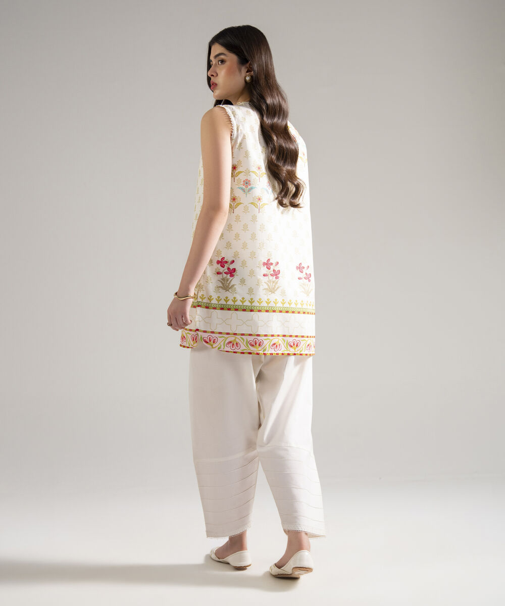 Women's RTW Slub Lawn Printed Cream White Straight Shirt