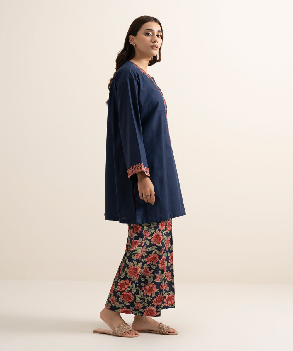 Women's RTW Cambric Embroidered Blue Drop Shoulder Shirt