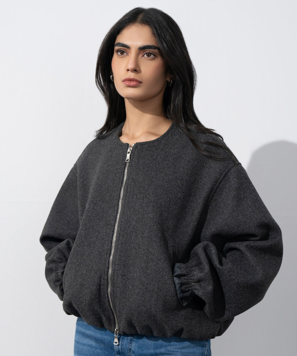 Women's Western Wear Grey Melange Zip-Up Puffed Jacket