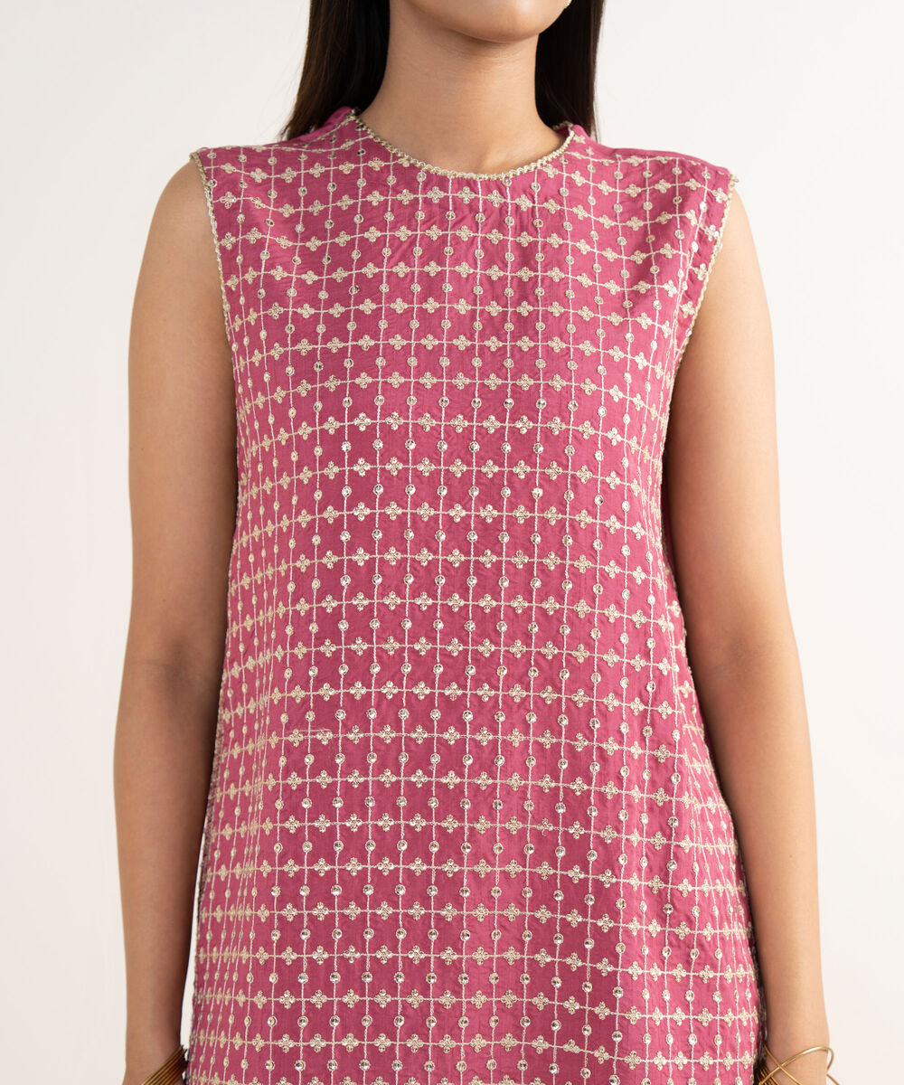 Women's RTW Raw Silk Pink Embroidered 3 Piece Suit