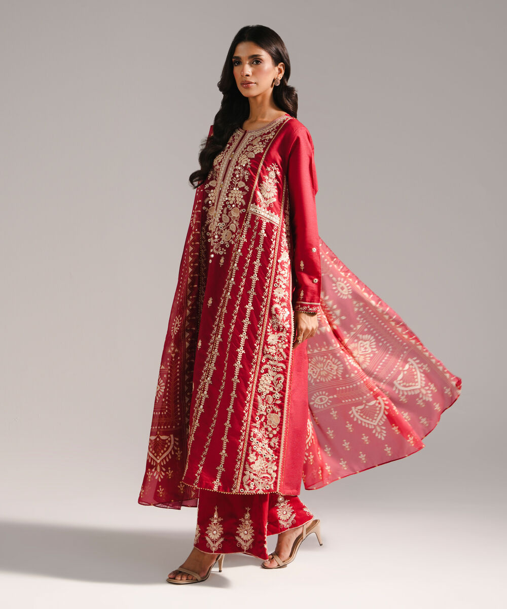 Women's RTW Fancy Cotton Embroidered Maroon 3 Piece Suit
