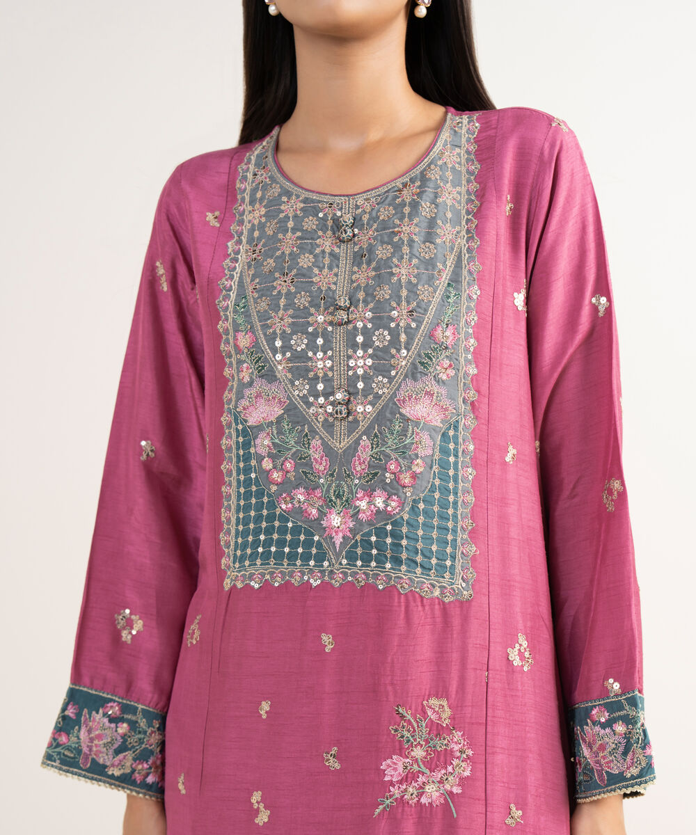 Women's RTW Raw Silk Pink Embroidered 2 Piece Suit