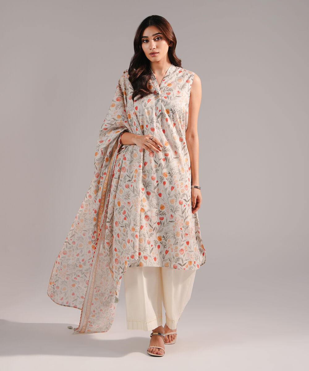 Women's RTW Cotton Viscose Printed Grey 2 Piece Suit