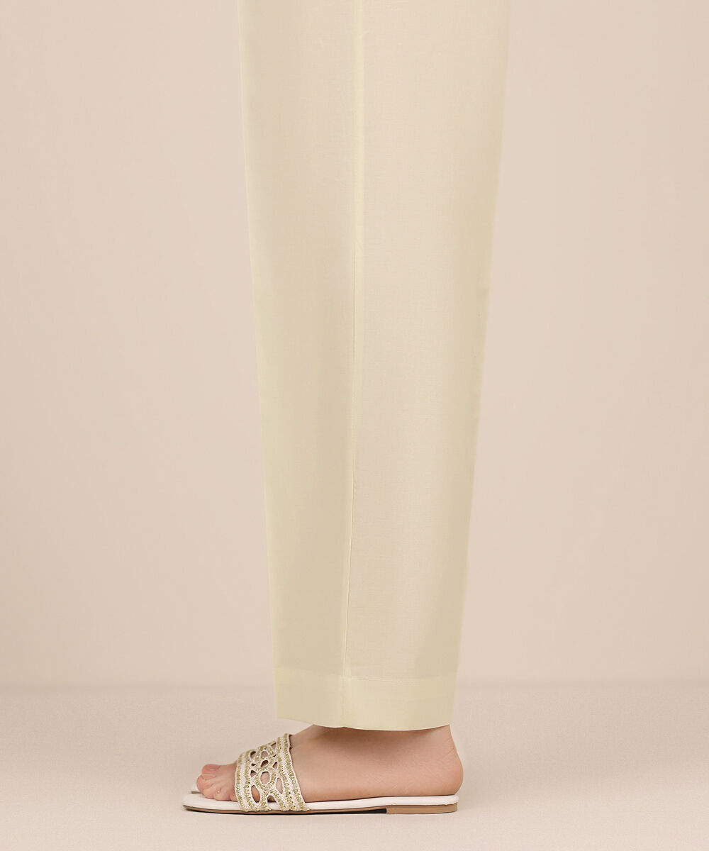 Women's RTW Cambric Off White Solid Straight Pants