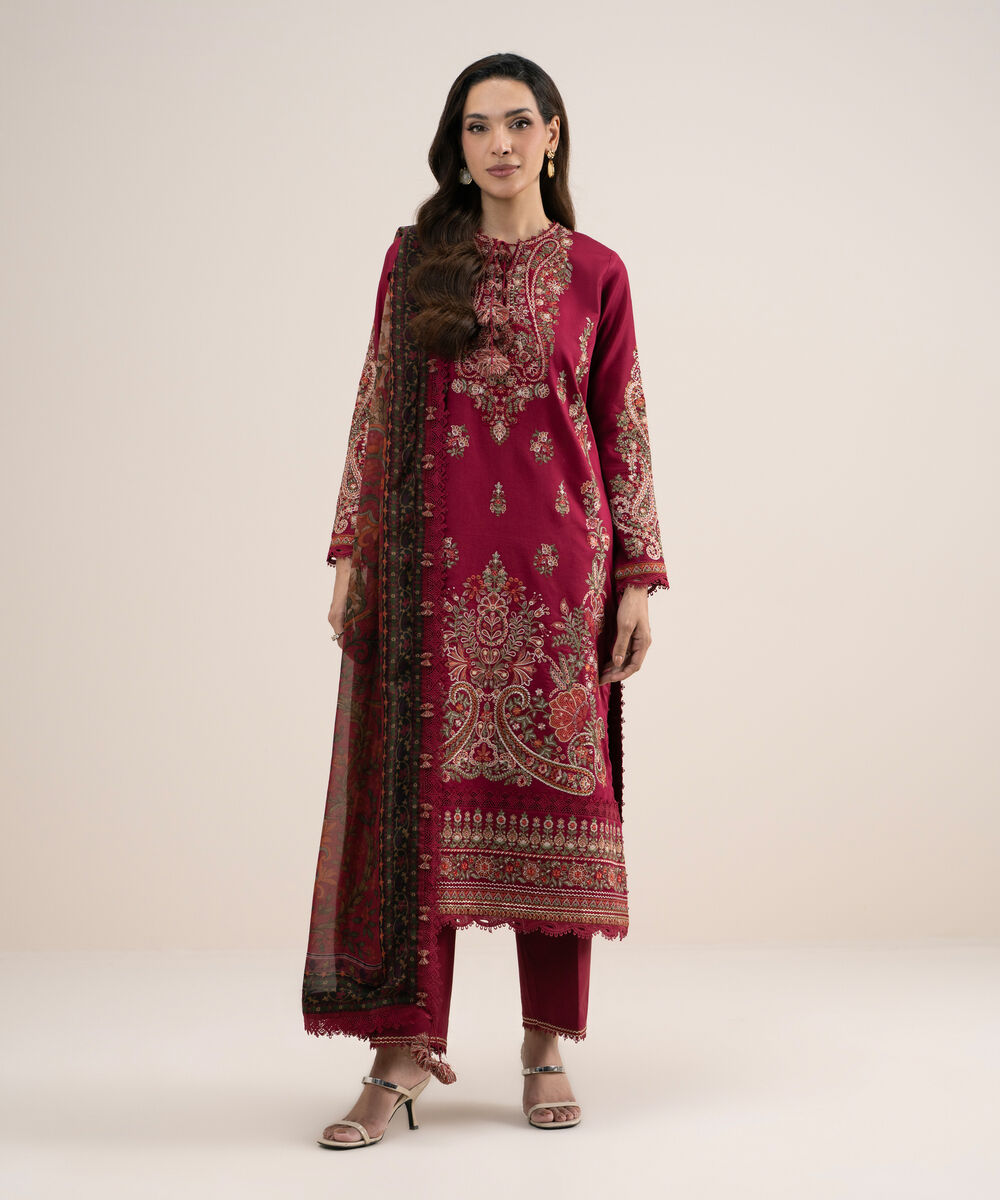 Women's Unstitched Embroidered Fine Cotton Satin Maroon 3 Piece Suit