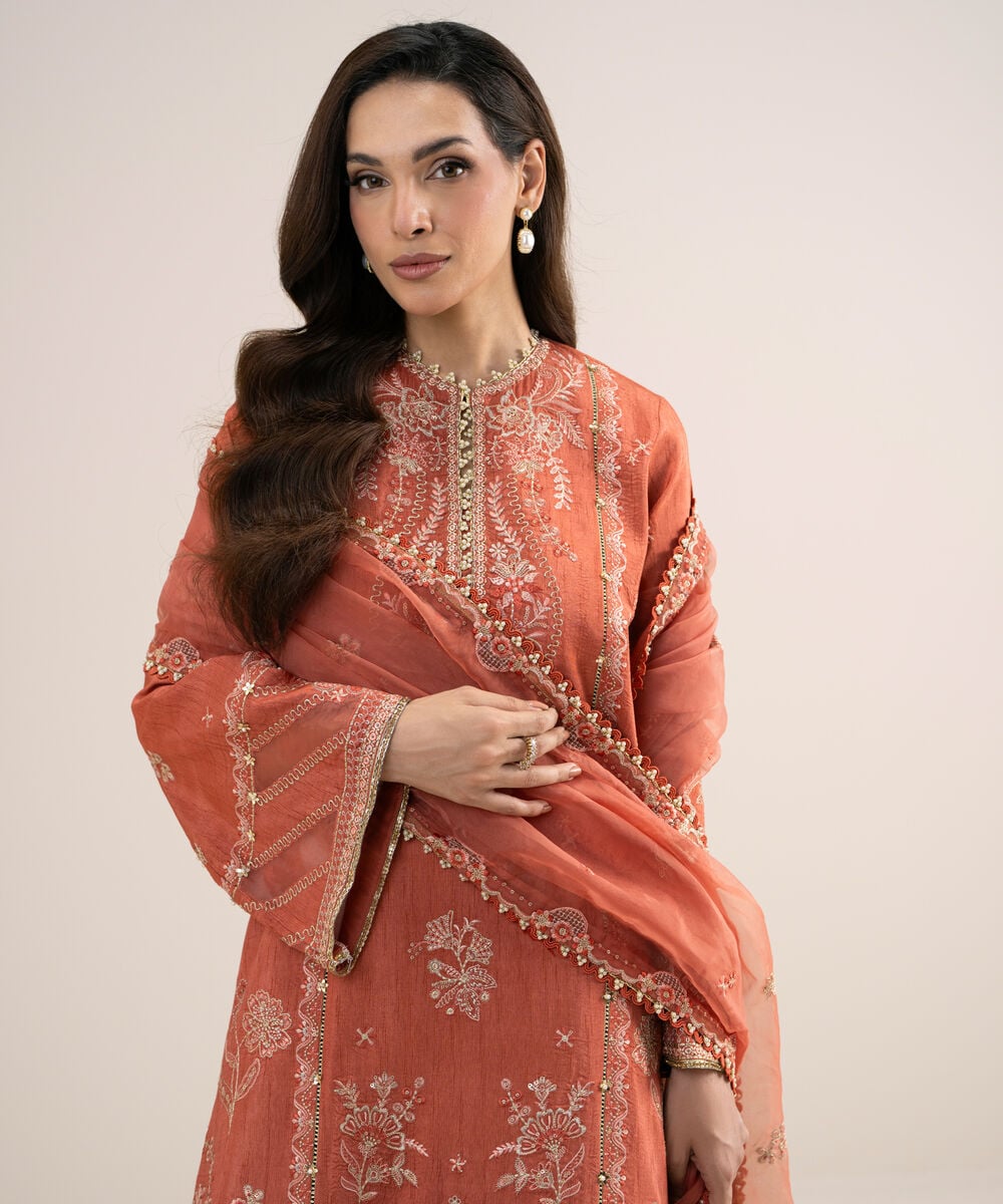 Womens Unstitched Viscose Raw Silk Embroidered Peach 3 Piece Suit