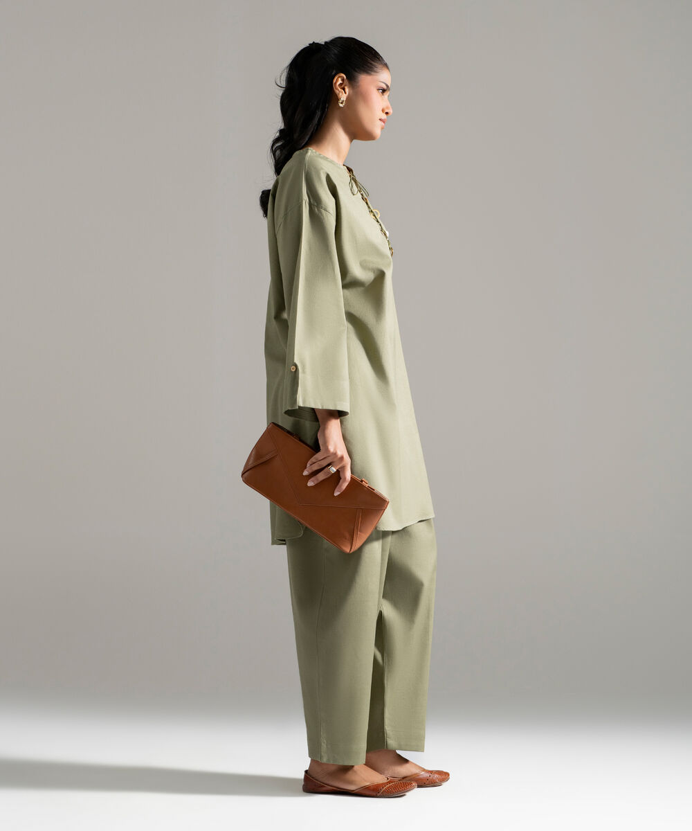 Women's RTW Cotton Linen Solid Green 2 Piece Suit