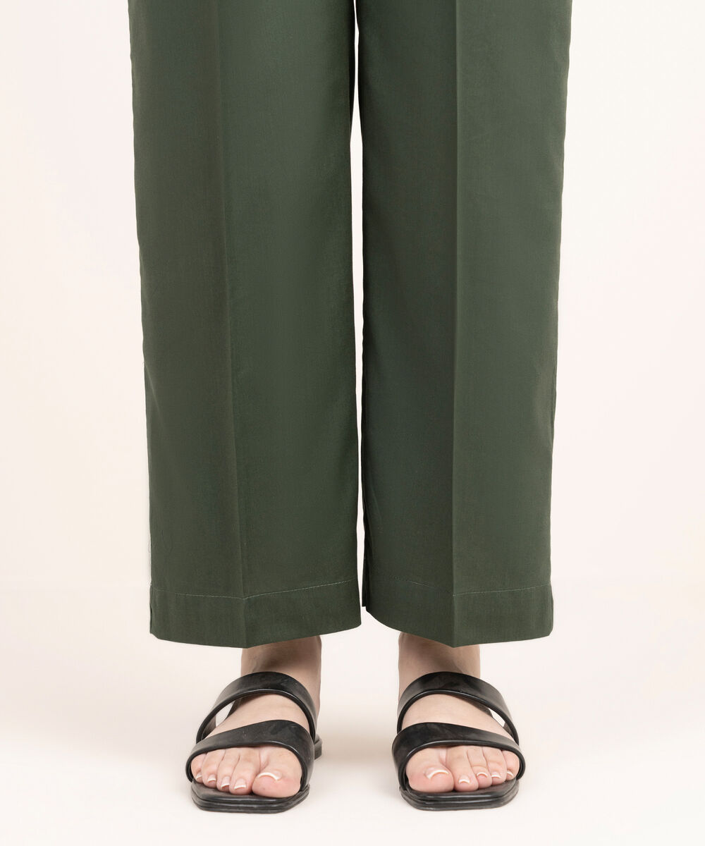 Women's RTW Cotton Viscose Solid Green Straight Pants