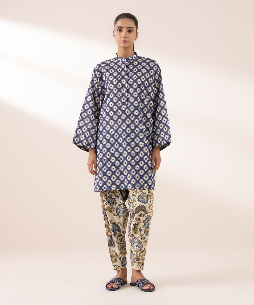 Women's RTW Lawn Blue Printed Boxy Shirt