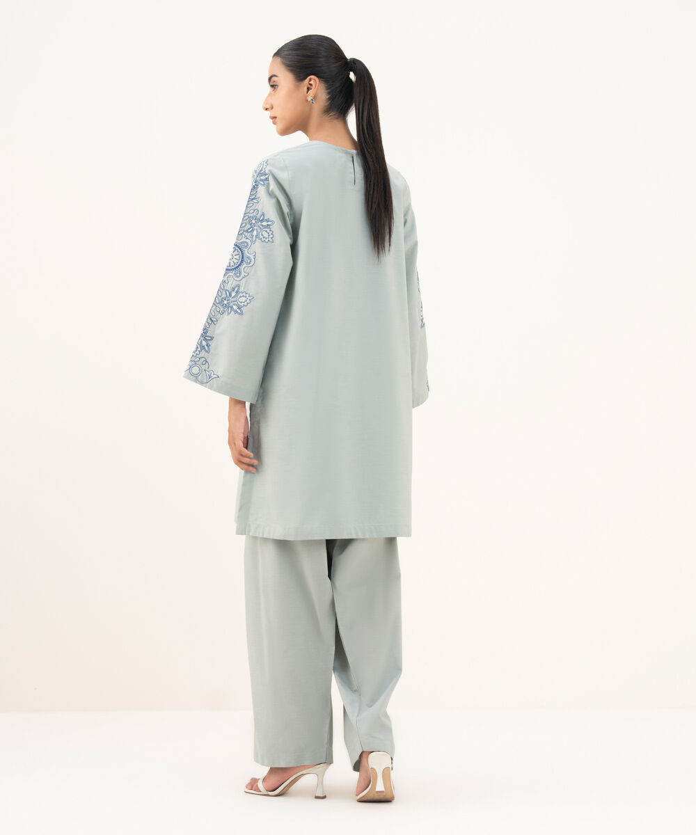 Women's RTW Textured Cotton Blue Embroidered A-Line Shirt