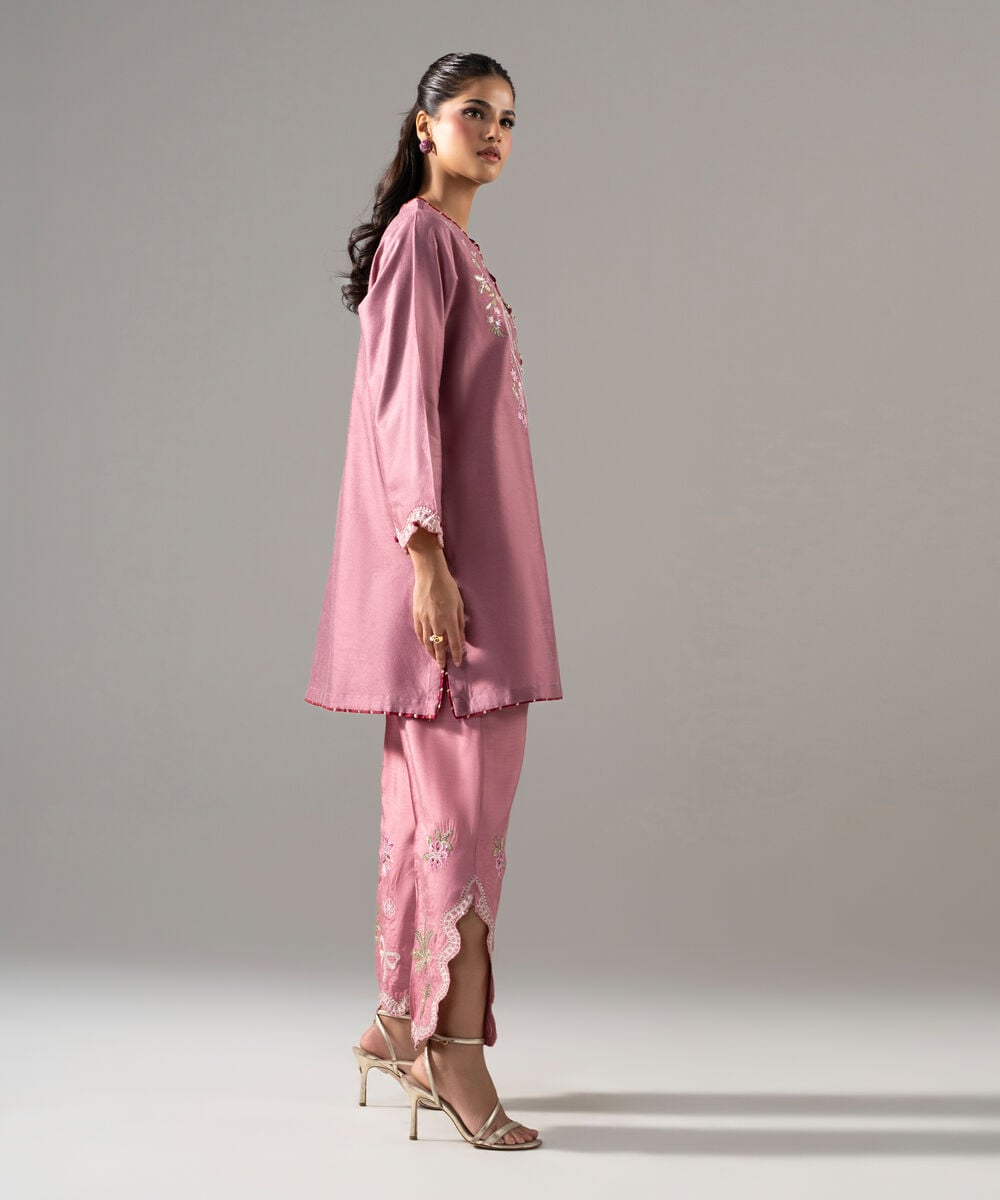 Women's RTW Cotton Net Solid Embroidered Pink 2 Piece Suit