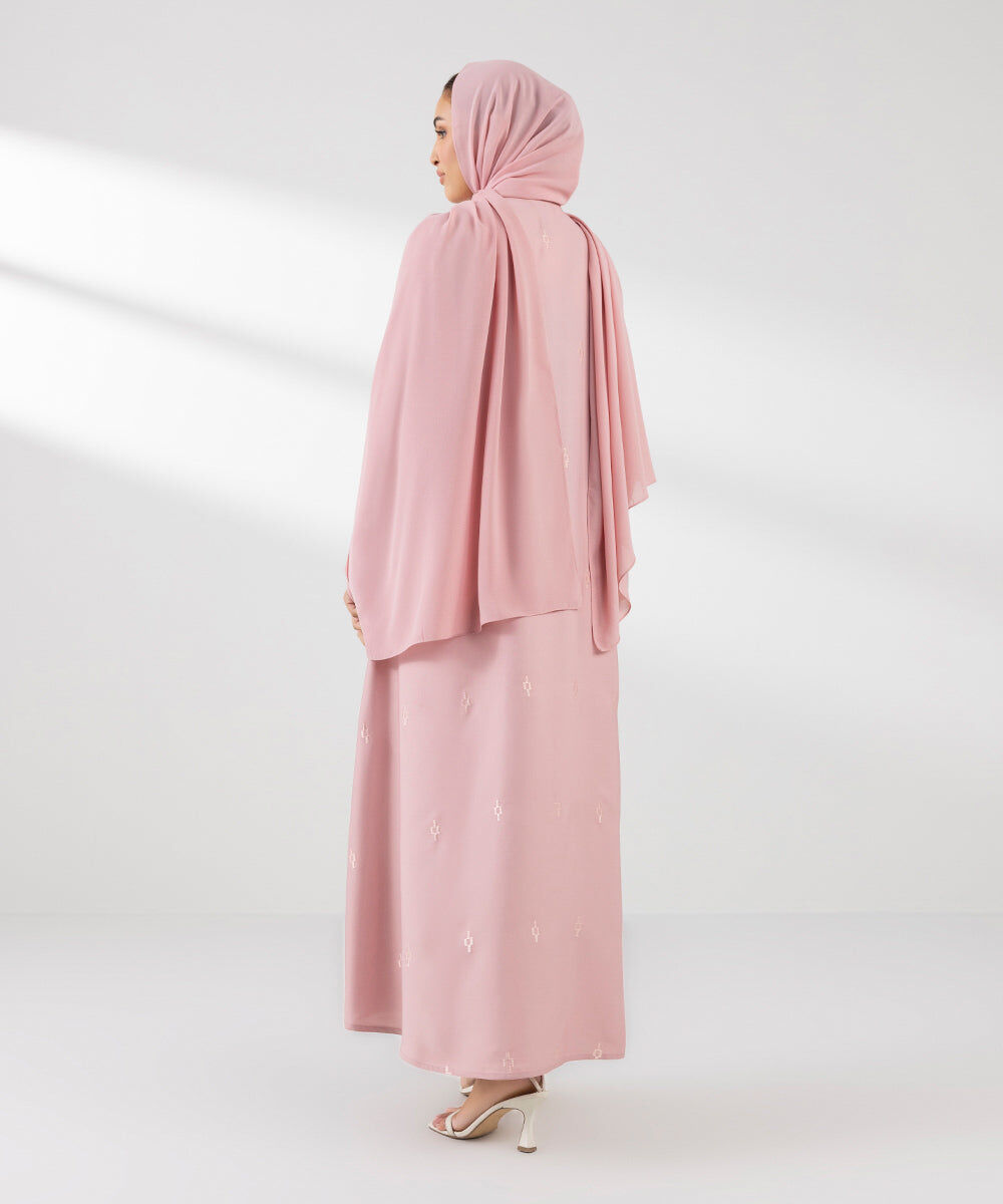 Woman - Pink Embroidered Button Through Abaya Set
