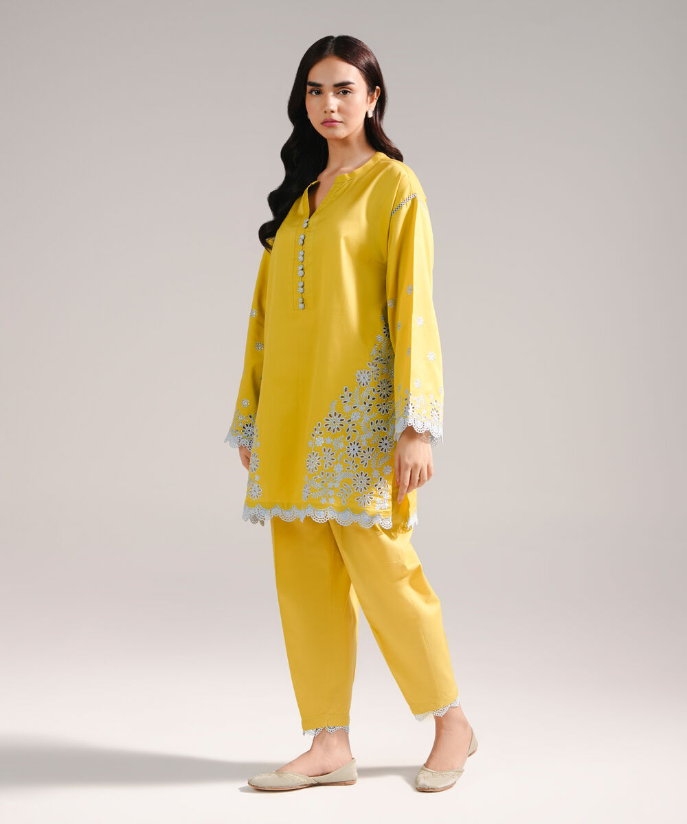 Women's RTW Cotton Satin Embroidered Yellow Straight Shirt