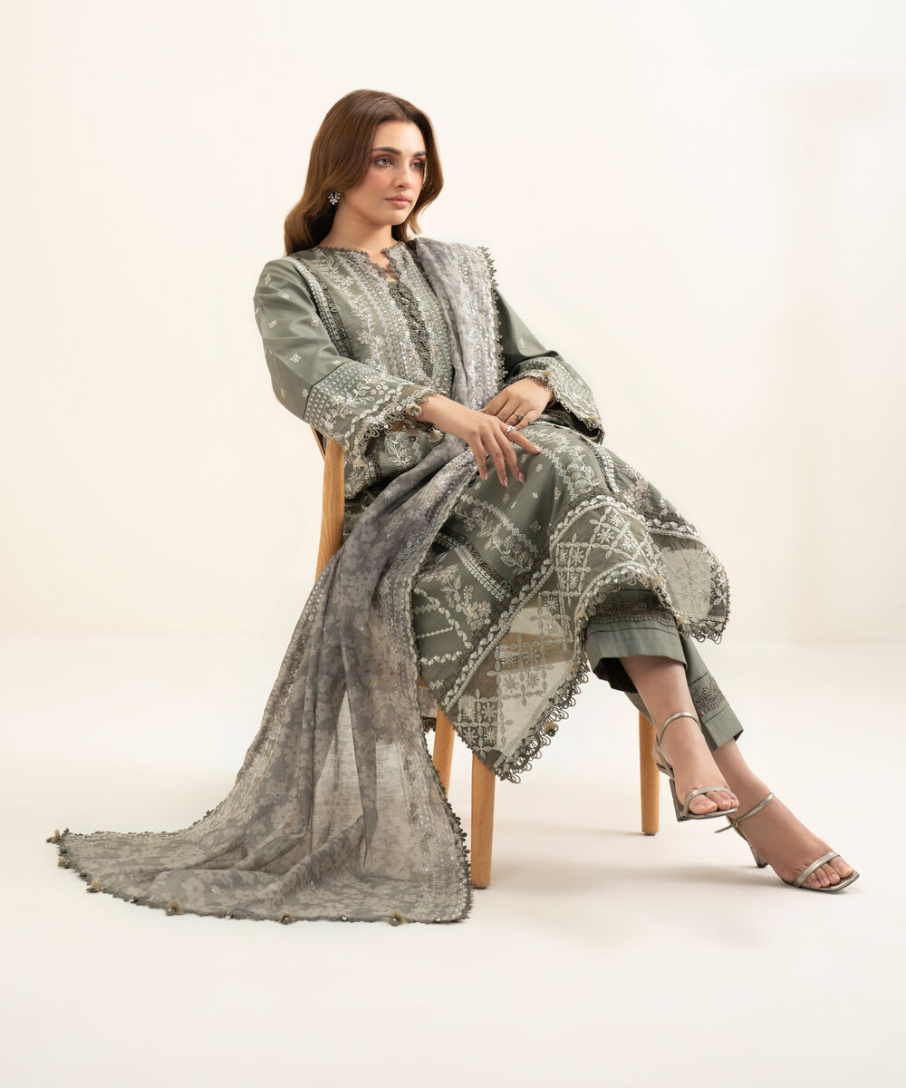 Women's Unstitched Fine Cotton Satin Embroidered Grey 3 Piece Suit