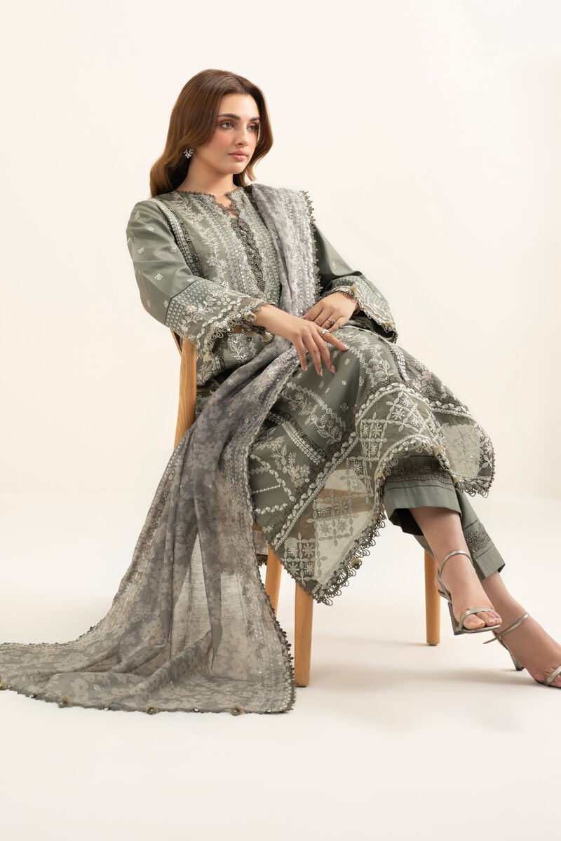 3 Piece - Embroidered Cotton Satin Suit