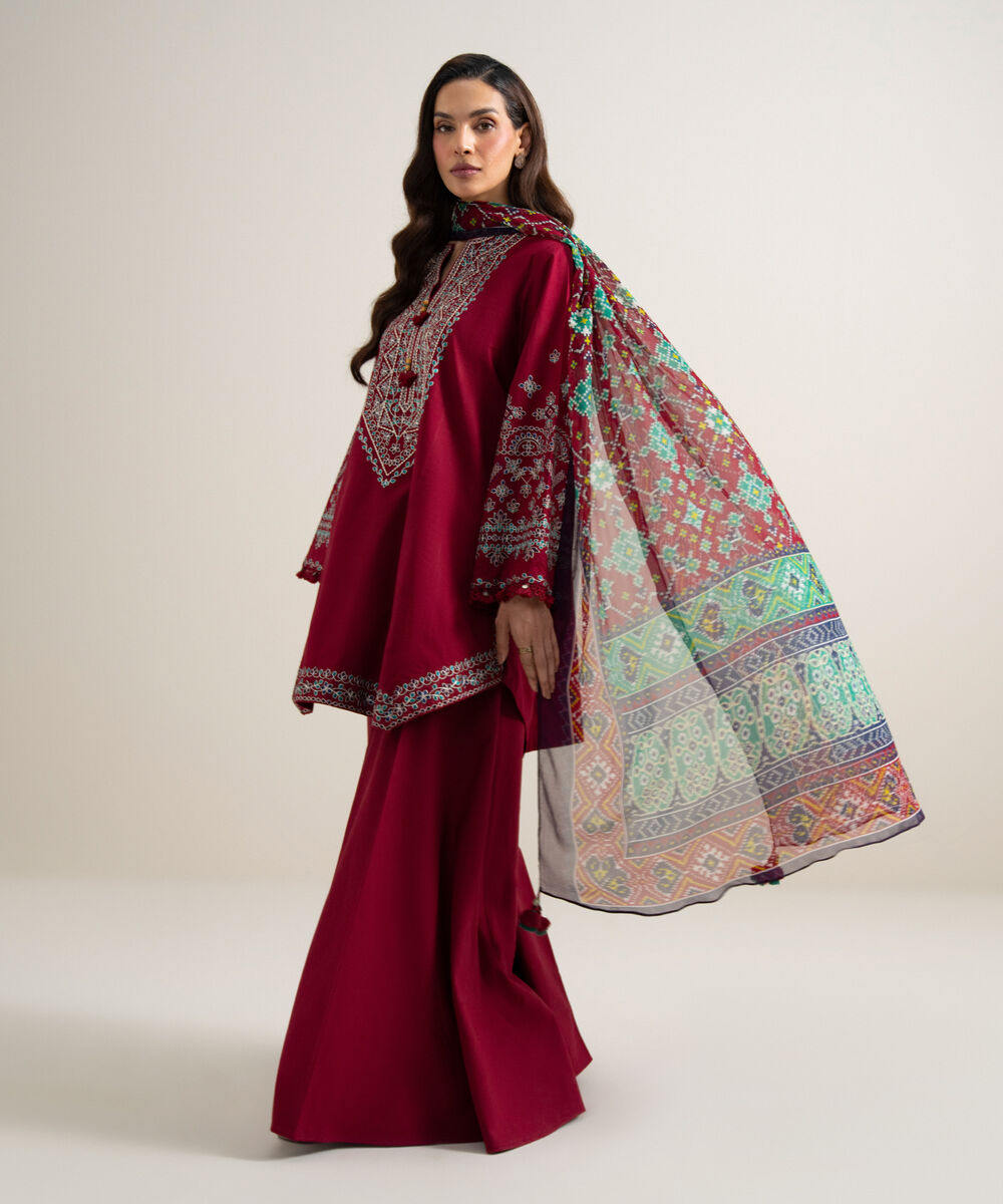 Women's Unstitched Textured Lawn Embroidered Deep Red 3 Piece Suit