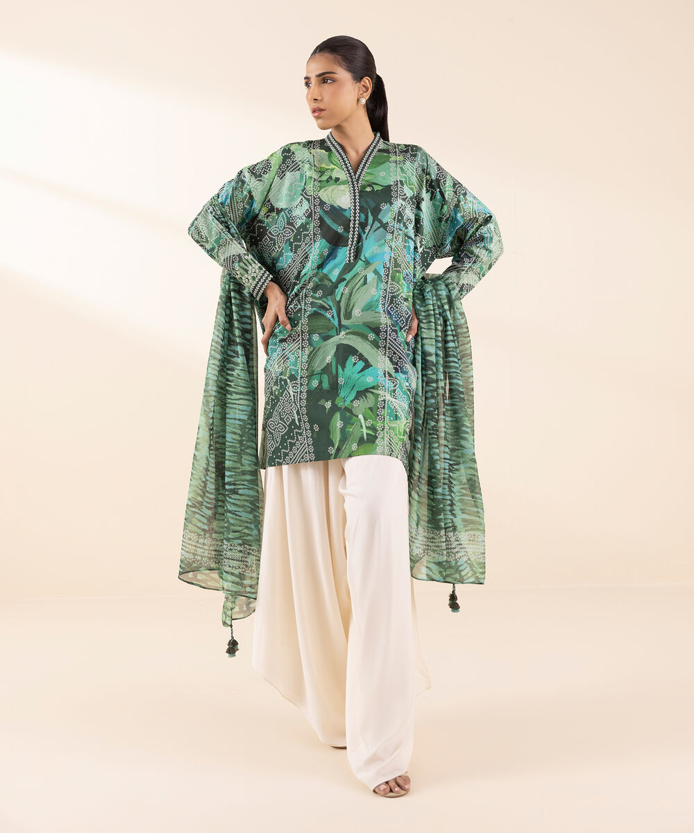 Women's Unstitched Lawn Printed Green 2 Piece Suit