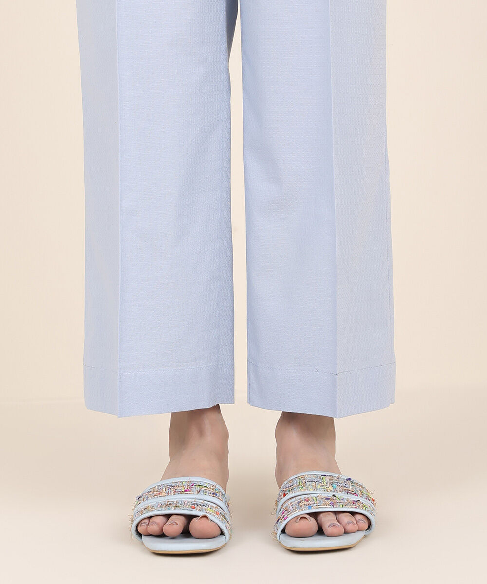 Women's RTW Textured Cotton Blue Solid Straight Pants